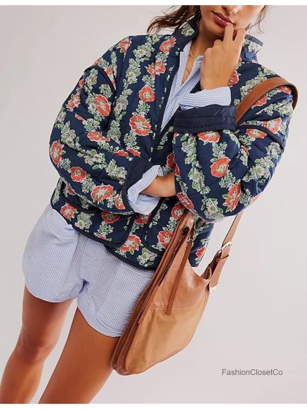 Vintage Quilted Cropped Puffer Jacket Stand Collar Contrast Trim Lightweight - Picture 5 of 6